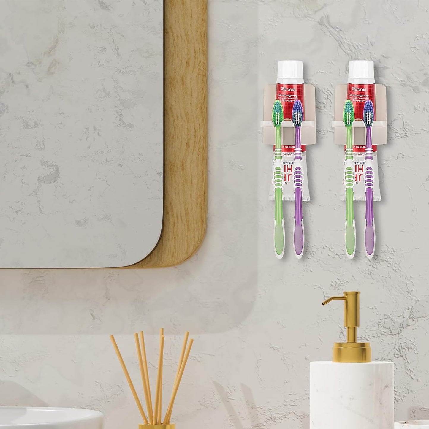 2 PCS Self-Adhesive Toothbrush Holders Wall Mounted, Water Proof Toothbrush Hook, 3 in 1 with Toothbrush Hanger Toothpaste Holder and Gargle Cup Holder for Bathroom Shower (Beige)
