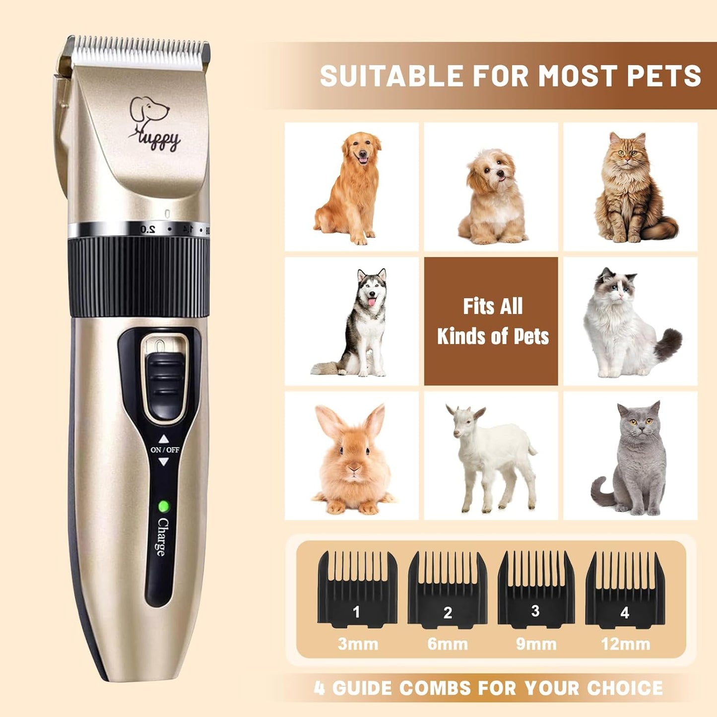 Dog Clippers for Grooming, Low Noise, Electric Quiet, Adjustable Clipper Comb for Dog Grooming Kit, Pet Hair Clippers Grooming kit for Dogs at Home