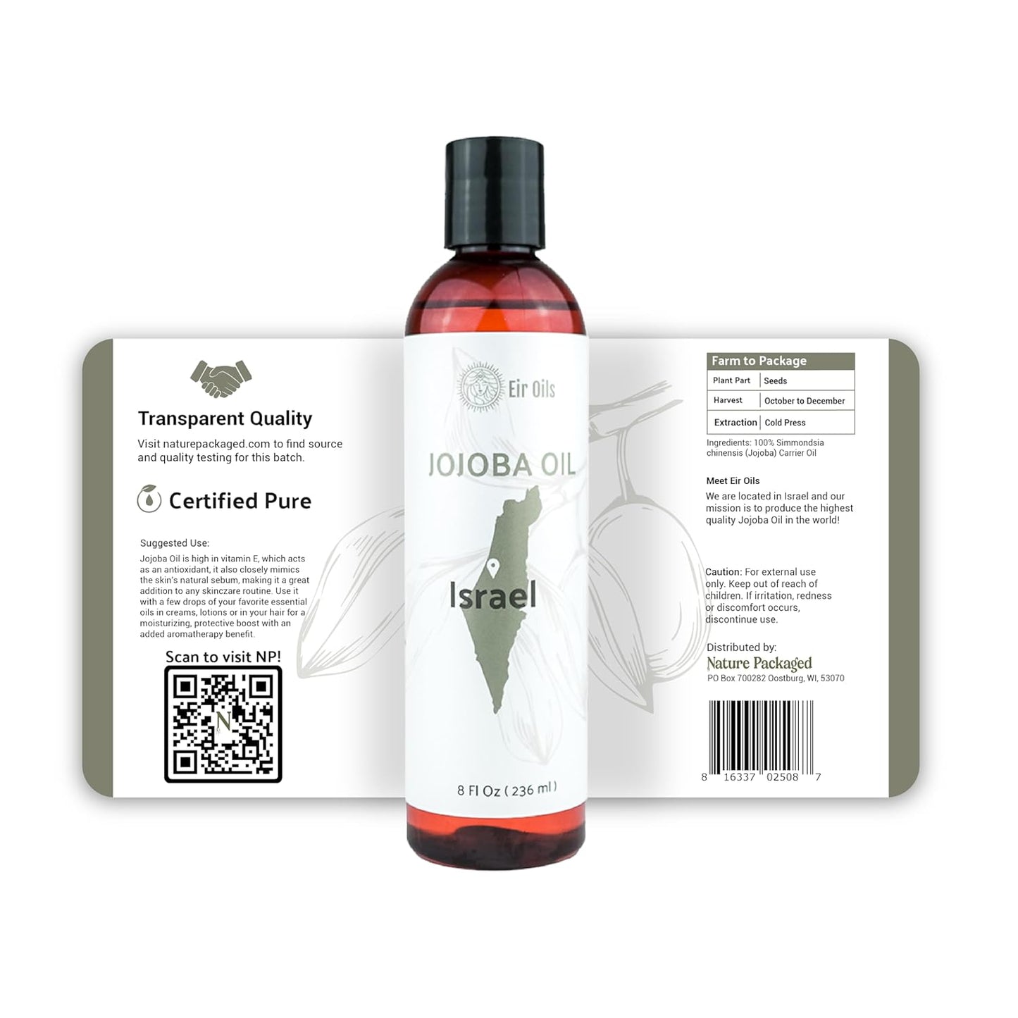 Jojoba Oil - Direct from EIR Oils' Farm in Israel - 100% Pure Carrier Oil for Hair, Face, and Skin - Hand-Picked, Cold-Pressed Carrier Oil (8oz)