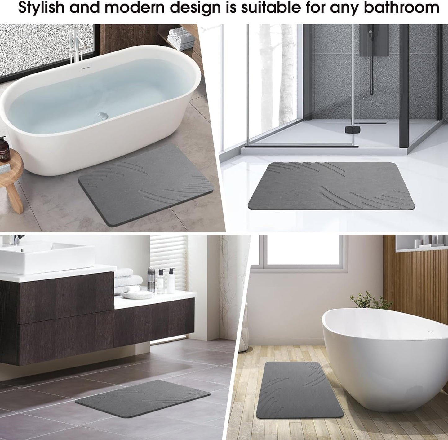 Stone Bath Mat Diatomaceous Earth Shower Mat Non-Slip Super Absorbent Diatomite Stone Mats for Bathroom Floor/Ktichen Cuonter Quick-Drying Easy to Clean (24''*16'' Grey)