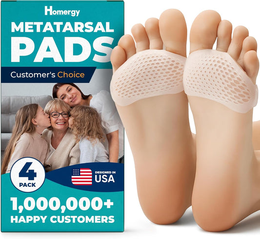 Homergy Metatarsal Foot Pads - Soft Gel Ball of Foot Cushions for Pain Relief, Ultra-Thin Sleeve Design, Stays in Place, Breathable & Reusable - Fits Heels, Flats, Sneakers (4 Pads / 2 Pairs)