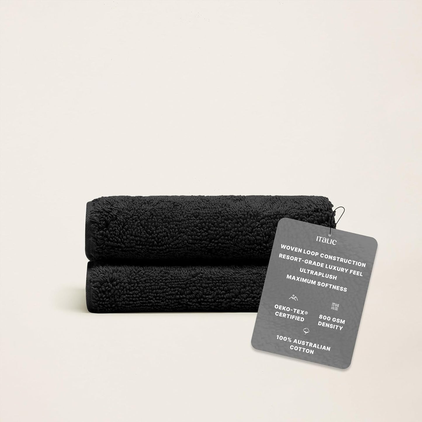 Italic Ultraplush 100% Australian Cotton Washcloths - Set of 2 Luxury Plush Face Wash Cloths, Soft and Absorbent 800 GSM for Bathroom, Spa, Gym, Face and Body (Black)