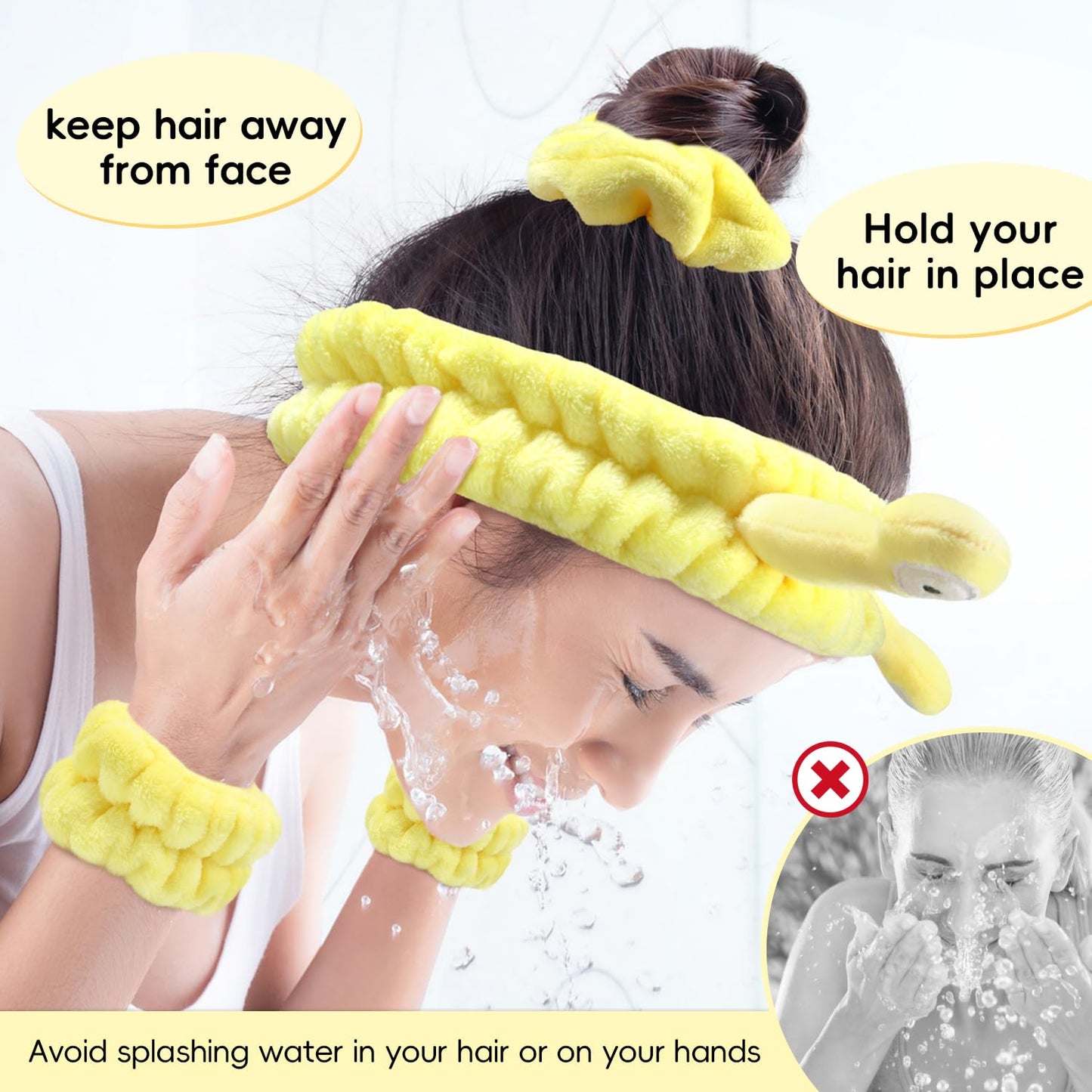 Face Wash Headband, Skincare Wrist Bands For Washing Face Set Spa Hair Bands come with a Hair Scrunchie, Cute Yellow snail tentacle Elastic Headband, For Face Washing Makeup Skincare (Yellow)