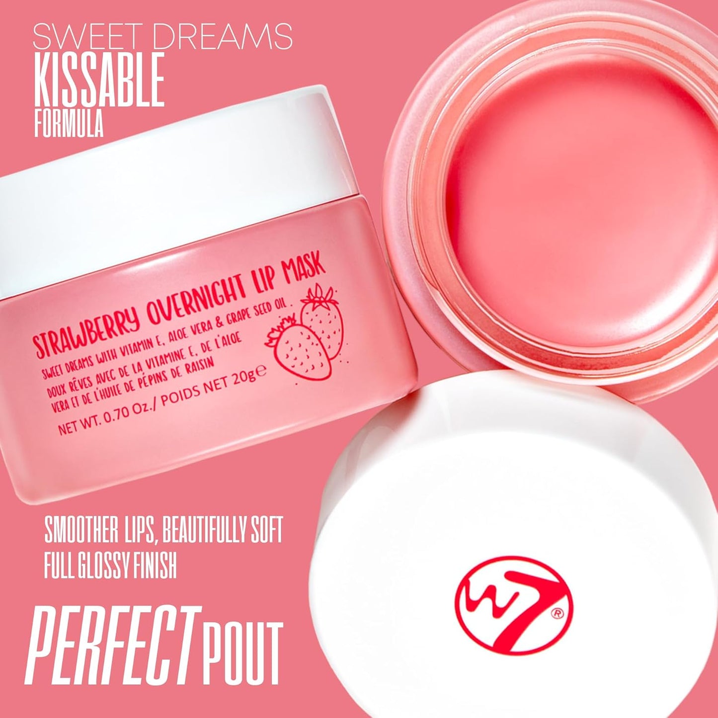 W7 Sweet Dreams Strawberry Lip Mask - Vitamin E, Aloe Vera and Grape Seed Oil - For Hydrated, Full Looking & Irresistible Lips - 0.67 Fl Oz