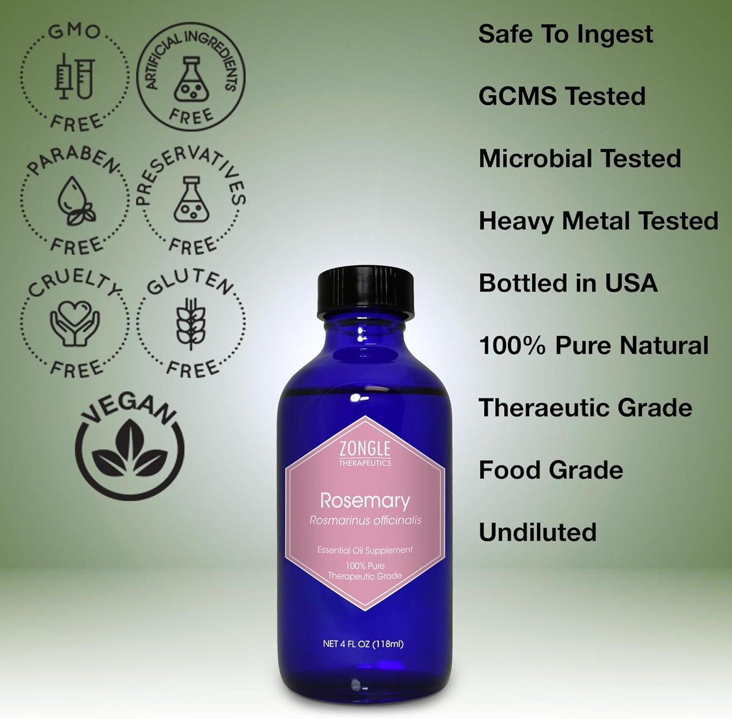 Rosemary Oil, Food Grade, for Hair, Growth – 100% Pure, Edible, Rosemary Essential Oil, by Zongle Therapeutics, 4 OZ