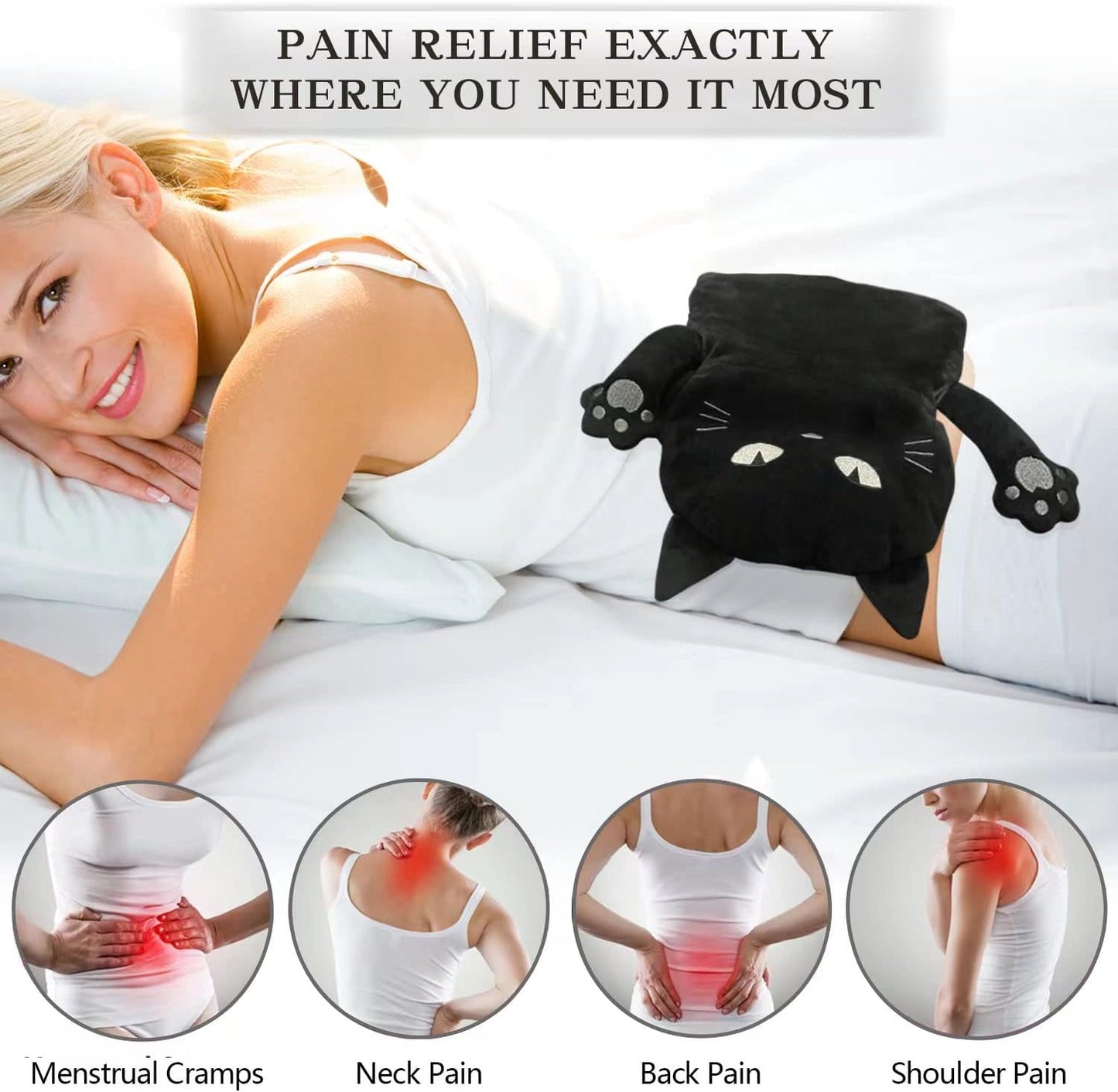 Microwave Heating Pad for Pain Relief, 17" x 9" Microwavable Heating Pads for Cramps, Back Pain, Neck Shoulder, Muscles, Knee, Joints, Natural Heat Pack Moist Heat, Black Cat