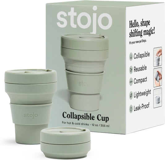 STOJO Collapsible Travel Cup - Reusable To-Go Pocket Size Silicone Bottle for Hot and Cold Drinks - Perfect for Camping - Microwave & Dishwasher Safe (Sage, 12 Ounce (Pack of 1) - No Straw)