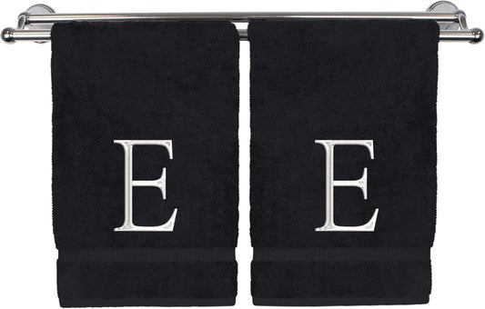 Monogrammed Hand Towel, Personalized Initial Gift, Extra Absorbent 100% Turkish Cotton - Soft Terry Finish - Set of 2 - White Block Initial E - Embroidered on Black Towels