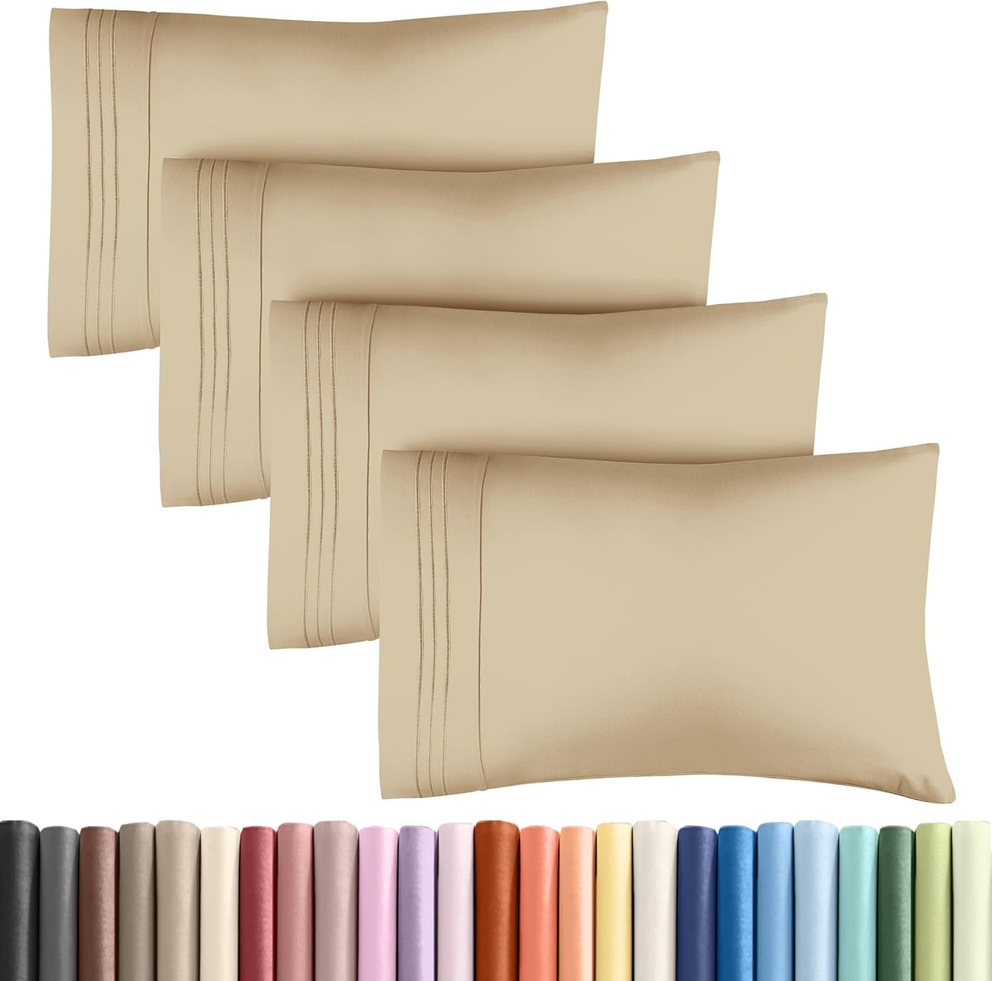 King Pillow Cases Set of 4 - Ultra Soft Hotel Quality Pillowcase Covers - Comfy, Cozy & Wrinkle Free - Shrinkage, Stain and Fade Resistant - Machine Washable Pillow Protectors - 4 Piece Set - Beige