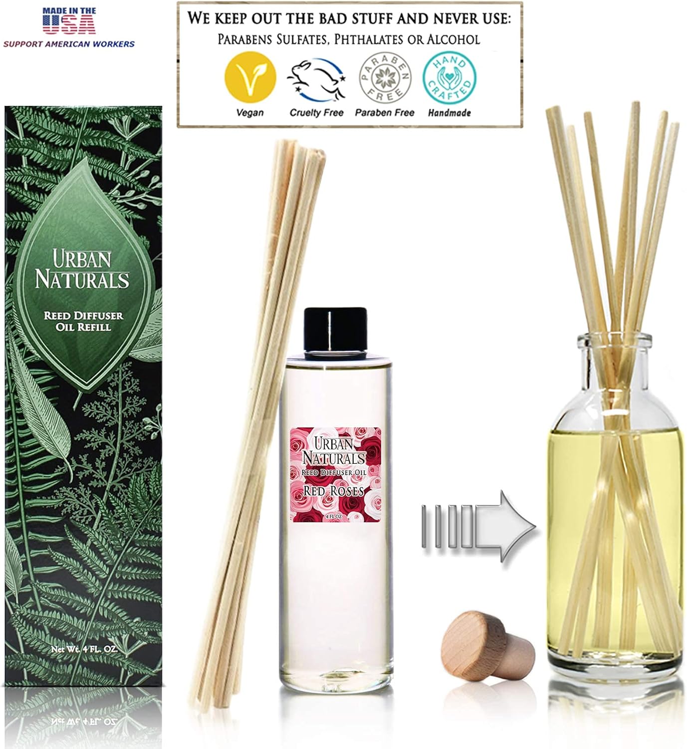 Urban Naturals Red Roses Reed Diffuser Oil Refill & Bamboo Reed Sticks | Beautiful Floral Scent of Fresh Cut Roses | Made in The USA
