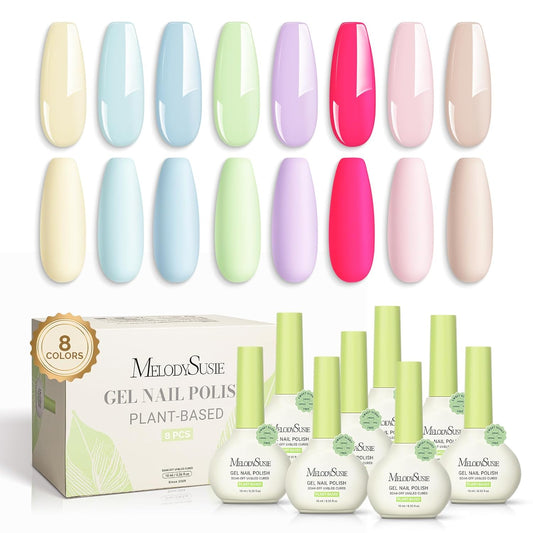 MelodySusie Plant Based Gel Nail Polish Set,Spring and Summer Macaron Colors,Hema Free,Soak Off UV LED Gel Polish Nail Art Manicure Salon DIY at Home 8Pcs 10ml/0.34 fl oz