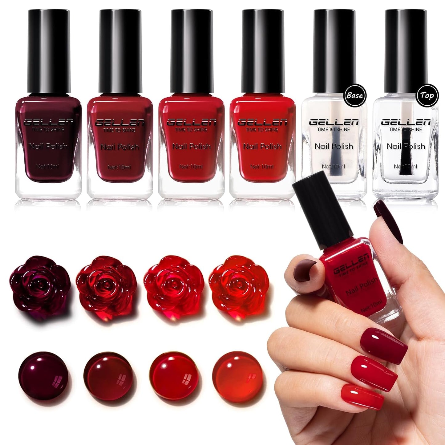 GELLEN Dark Red Nail Polish & Base Top Coat, Deep Burgundy Cherry Wine Blood Red 4 Colors Set, Quick Air Dry Regular Nail Polish for Women Gifts Home Salon Nails, Not UV Gel, Hema Free, Non-toxic