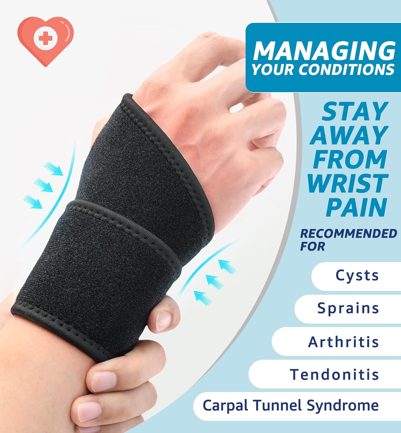 HiRui 2 Pack Wrist Brace Wrist Wraps for Carpal Tunnel Arthritis Tendonitis Sprains Pain Relief, Wrist Compression Straps for Workout Sports, Day & Night Support Adjustable Fits All (Black)