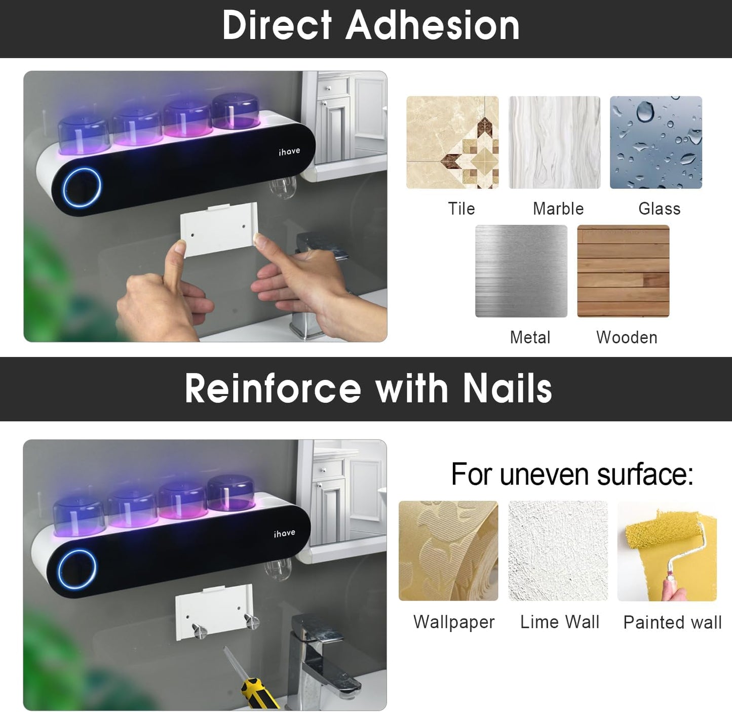 iHave Toothbrush Holders for Bathrooms, UV Toothbrush Sanitizer and Holder Smart Home Bathroom Accessories, 4 Cups Electric Toothbrush Holder Wall Mounted with Toothpaste Dispenser Bathroom Decor