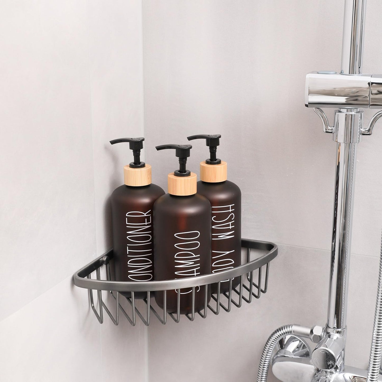 MOMEEMO Amber Shower Dispenser Set, Contains 3 Extra-Thick PET Plastic Bottles with Bamboo Pumps, Shampoo and Conditioner Dispenser for Shower Perfect for Modern Bathroom Decor. (Amber)