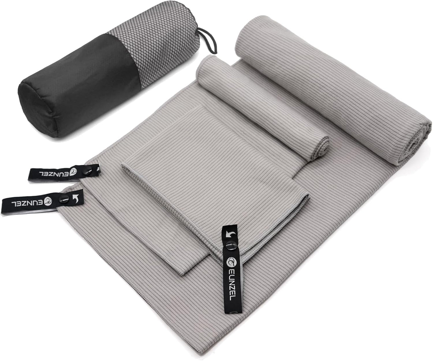 Eunzel Quick Dry Camping Towel, Microfibre Ribbed Towel Travel Towel 3 Sizes 1 Pack Fast Drying Towel Set for Camping, Beach, Gym, Sports, Yoga & Swimming Pool, Grey