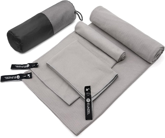 Eunzel Quick Dry Camping Towel, Microfibre Ribbed Towel Travel Towel 3 Sizes 1 Pack Fast Drying Towel Set for Camping, Beach, Gym, Sports, Yoga & Swimming Pool, Grey
