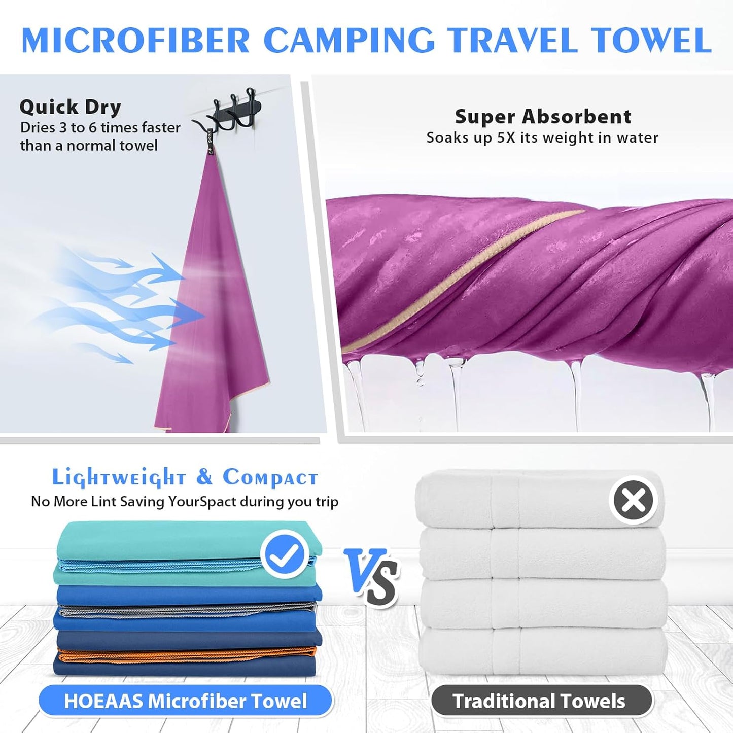 HOEAAS 2 Pack Microfiber Camping Towels, Quick Dry Towel, Super Absorbent Ultra Compact Travel Towel Soft Lightweight Sports Towel for Sweat Fast Drying Towels for Pool,Gym,Hiking,Backpacking,Fitness