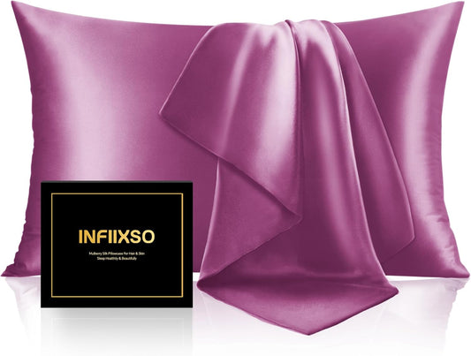 INFIIXSO Mulberry Silk Pillow Cases King Size Set of 2, Silk Pillowcase with Hidden Zipper 20"x36", Extraordinary Smooth and Soft Pillow Case for Hair and Skin(Purple, 2 Pack)