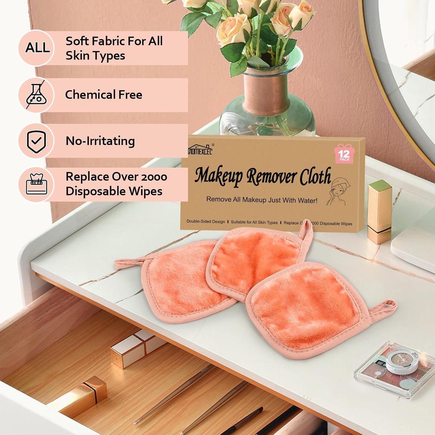 HOMEXCEL Makeup Remover Cloth 12 Pack, Reusable Makeup Remover Pads, Washable Ultra Soft Facial Cleansing Cloths For All Skin Types, 5 X 5 In, Pink