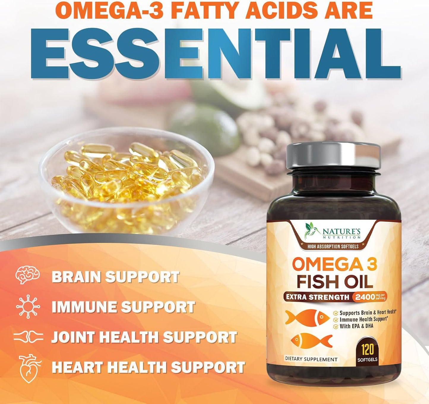 Omega 3 Fish Oil 2400 mg – Triple Strength EPA & DHA Fatty Acids for Heart, Brain & Joint Support – Wild-Caught, Burpless, Lemon Flavor Supplement – Natural, Non-GMO, Gluten-Free – 120 Softgels
