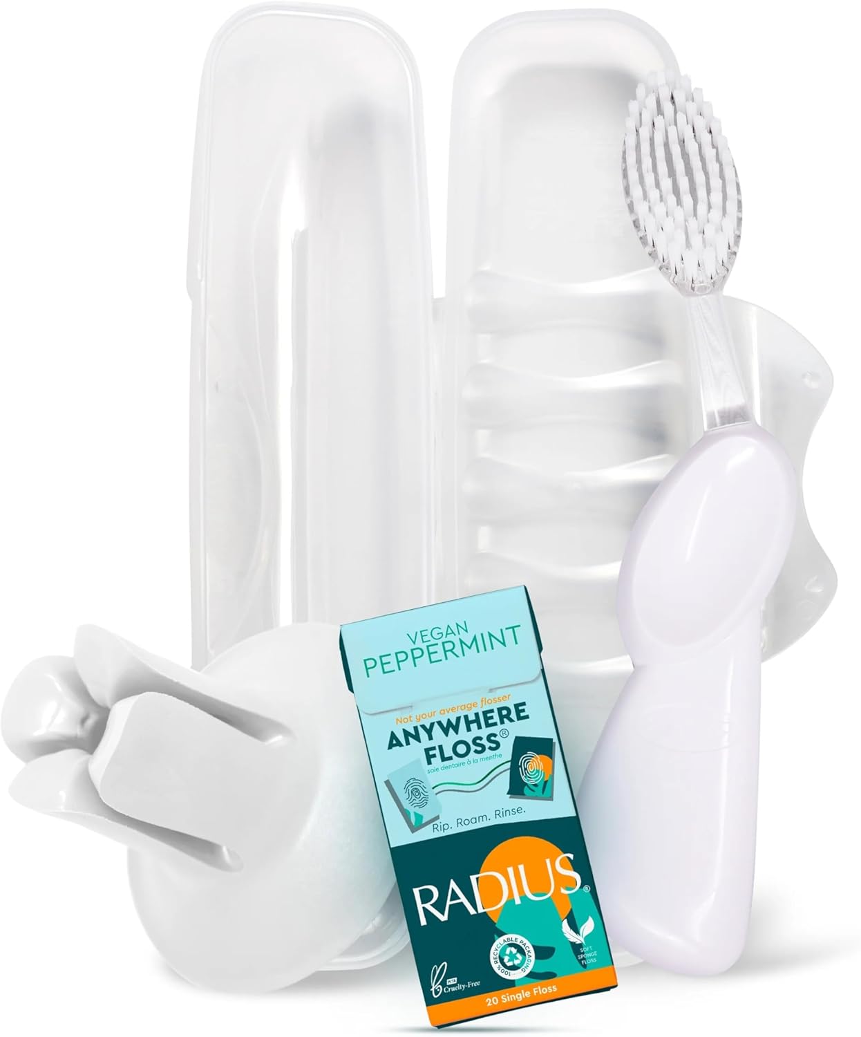 RADIUS Vacation Pastel Bundle, Includes Left Handed Big Brush with Replaceable Head, Toothbrush Travel Case, DOC Toothbrush Holder, Anywhere Travel Floss Packette, White, 4 Piece Bundle