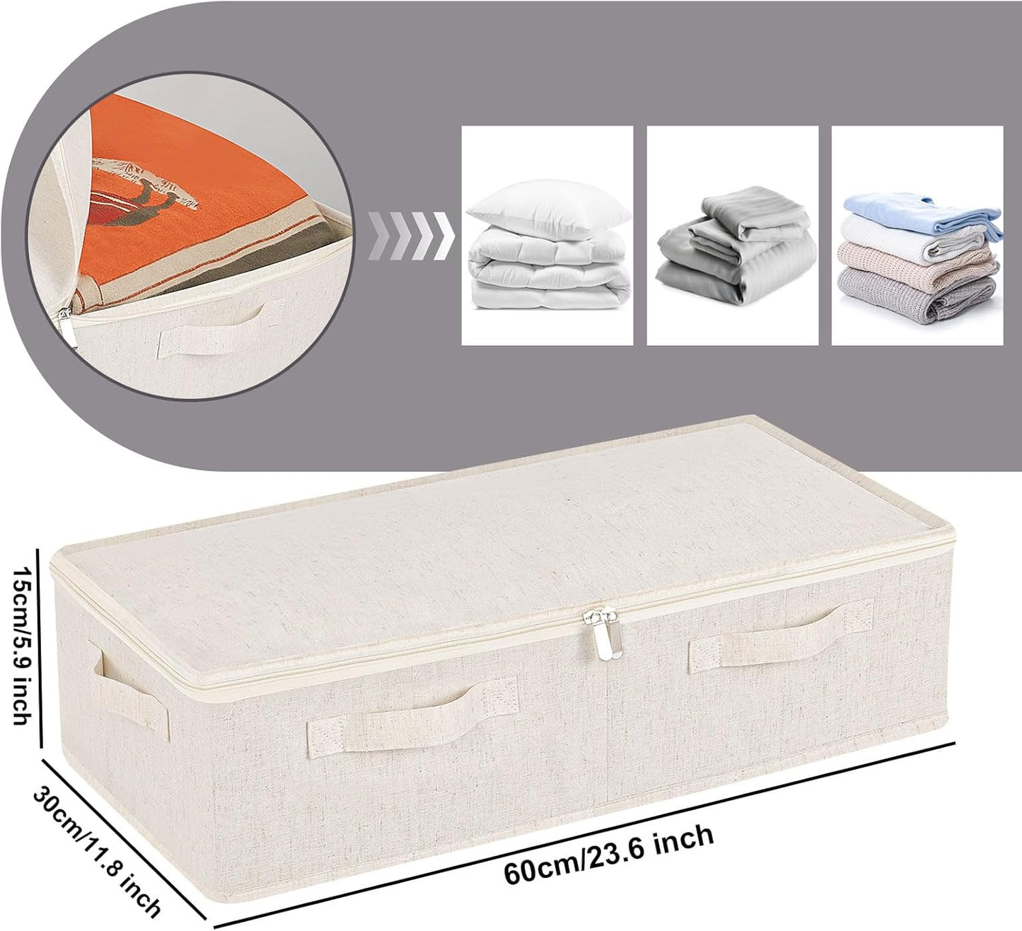 Underbed Storage Box Organizer, Foldable Under Bed Clothes Bags Container, Flat Bins with Lid for Organizing Clothes, Sheets, Blankets, Comforter, 23.6x11.8x5.9in, Beige, 3 Pack