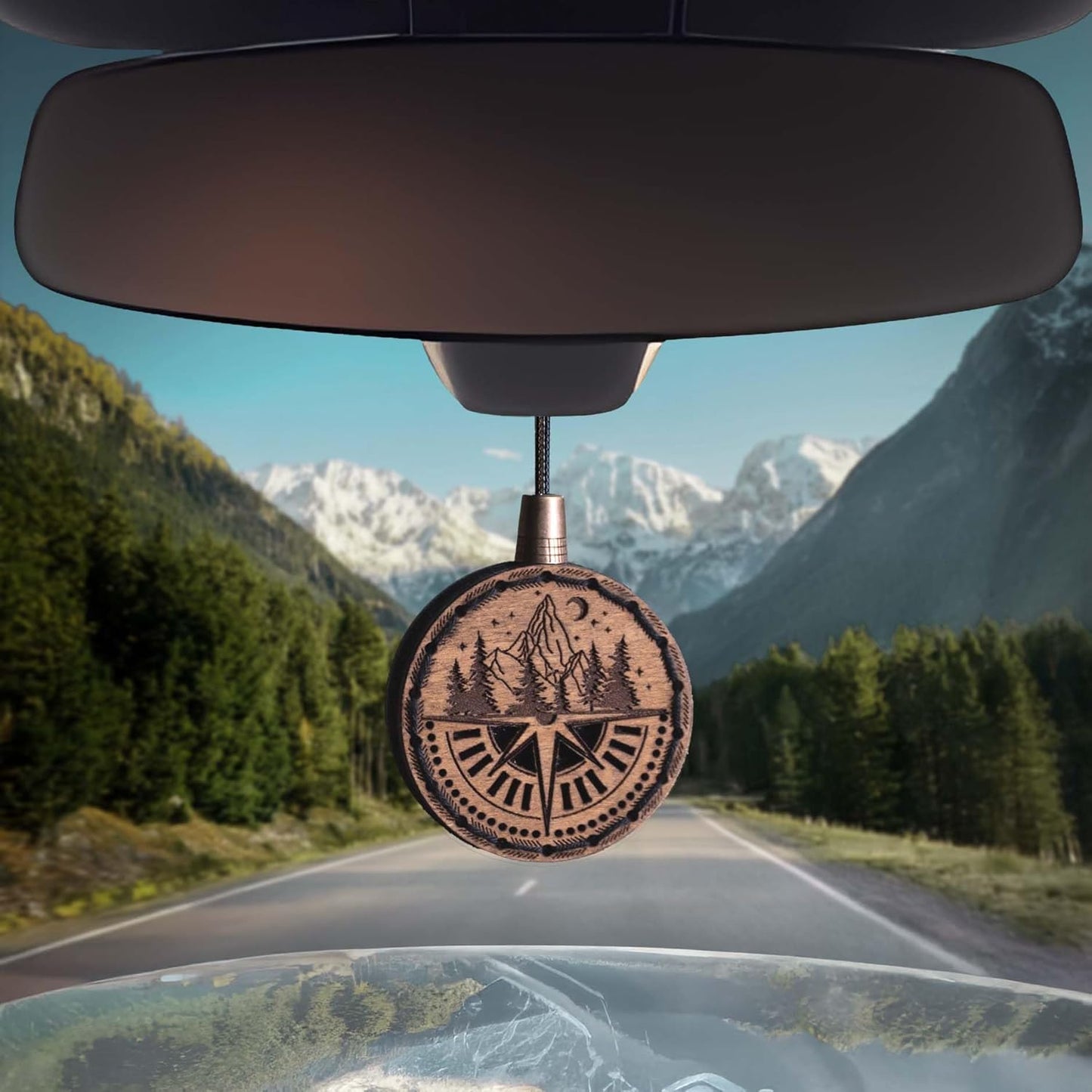Wood Car Air Freshener — Handmade Car Air Freshener — Compass Mountains Designed Fragrance Oil Diffuser in Wooden Gift Box — Aromatherapy Set with Coffee Beans Fragrance Oil - 10 ml