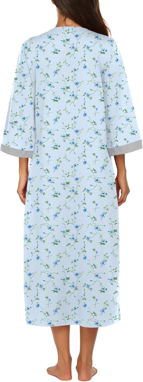 Ekouaer Women Zipper Robe 3/4 Sleeves Loungewear Dress Full Length Sleepwear Pockets Housecoat Nightgown Long Bathrobe