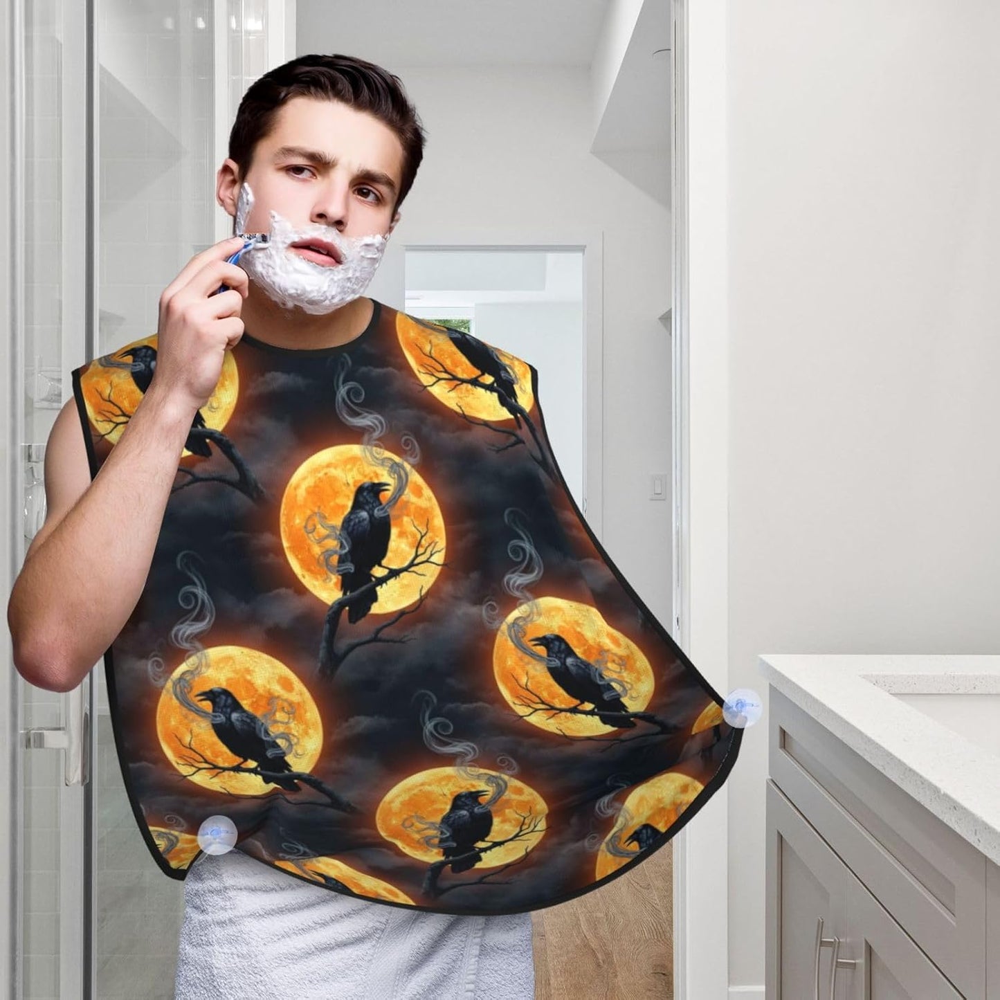 No-Slip Shaving Bib, Beard Grooming Apron with Strong Suction Cups, Moon Black Crow Raven Bird