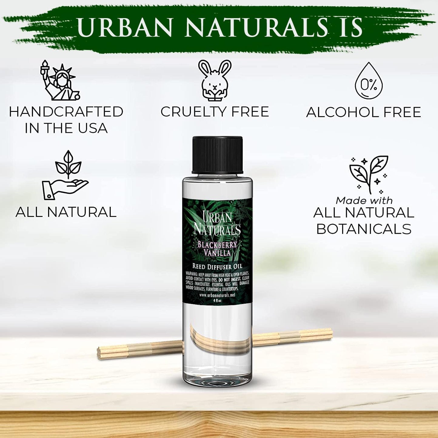 Urban Naturals Reed Diffuser Oil Refill, BlackBerry Vanilla Diffuser Oil with Blackberries, Vanilla, Patchouli, 4 oz + Free Reed Sticks, Made in The USA
