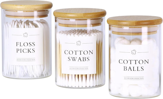 3 Pack Qtip Holder Dispenser - Glass Apothecary Jars with Lids, Cotton Ball Pad Swab Round Holder, Bamboo Bathroom Accessories, Bathroom Organizers Containers Jars Canisters with Lids