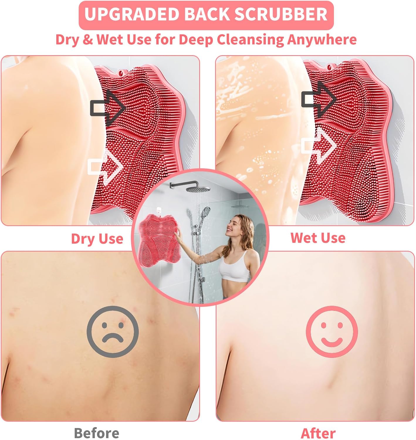 Show Foot Scrubber Mat & Silicone Back Scrubber with Butterfly Form Design,3 Brush Designs for Deep Cleaning Shower Foot Scrubber Mat, Wall Mounted Back Scrubber Silicone Bath(Pink)