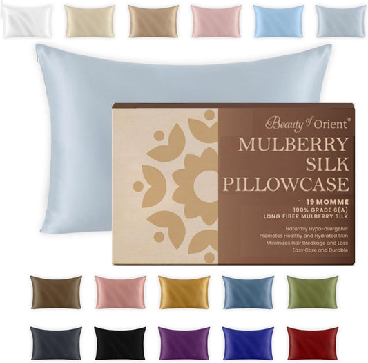 19 Momme Premium Mulberry Silk Pillowcase for Hair and Skin | Handcrafted Hypoallergenic & Anti-Acne 100% Silk Pillow Cases with Zipper | King - 20" x 36", Silver Lining