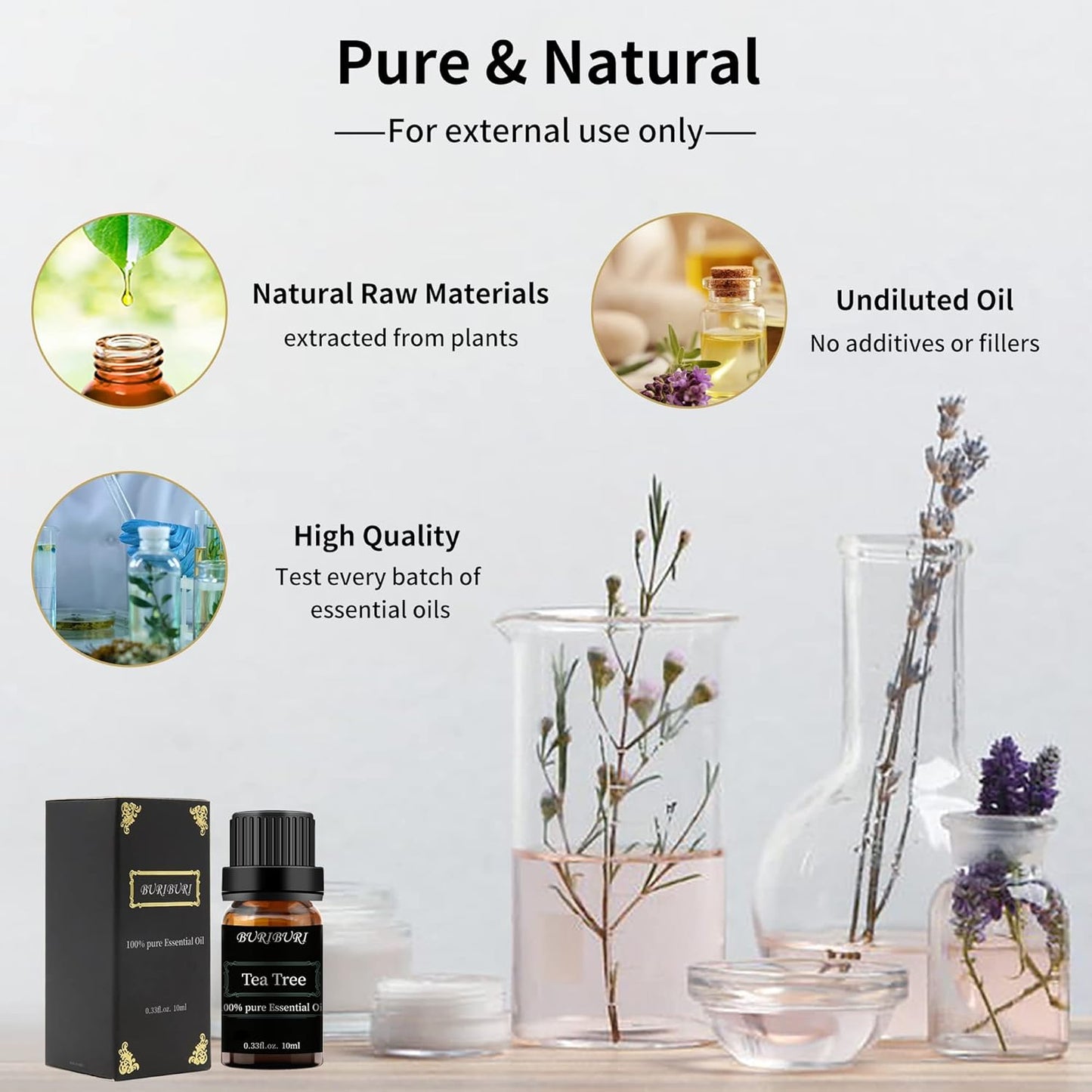 BURIBURI Tea Tree, Eucalyptus and Vanilla Essential Oil Set, 100% Pure 3Pcs Essential Oils Gift Set for Diffusers