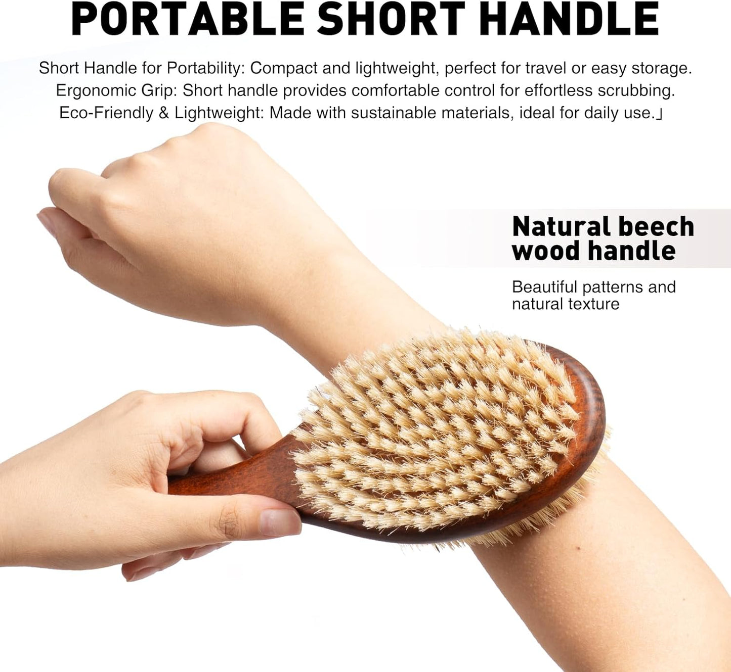 Short-Handle Dual-Sided Bath Massage Brush, Soft Boar & Firm Sisal Bristles, Portable (Red Oak)