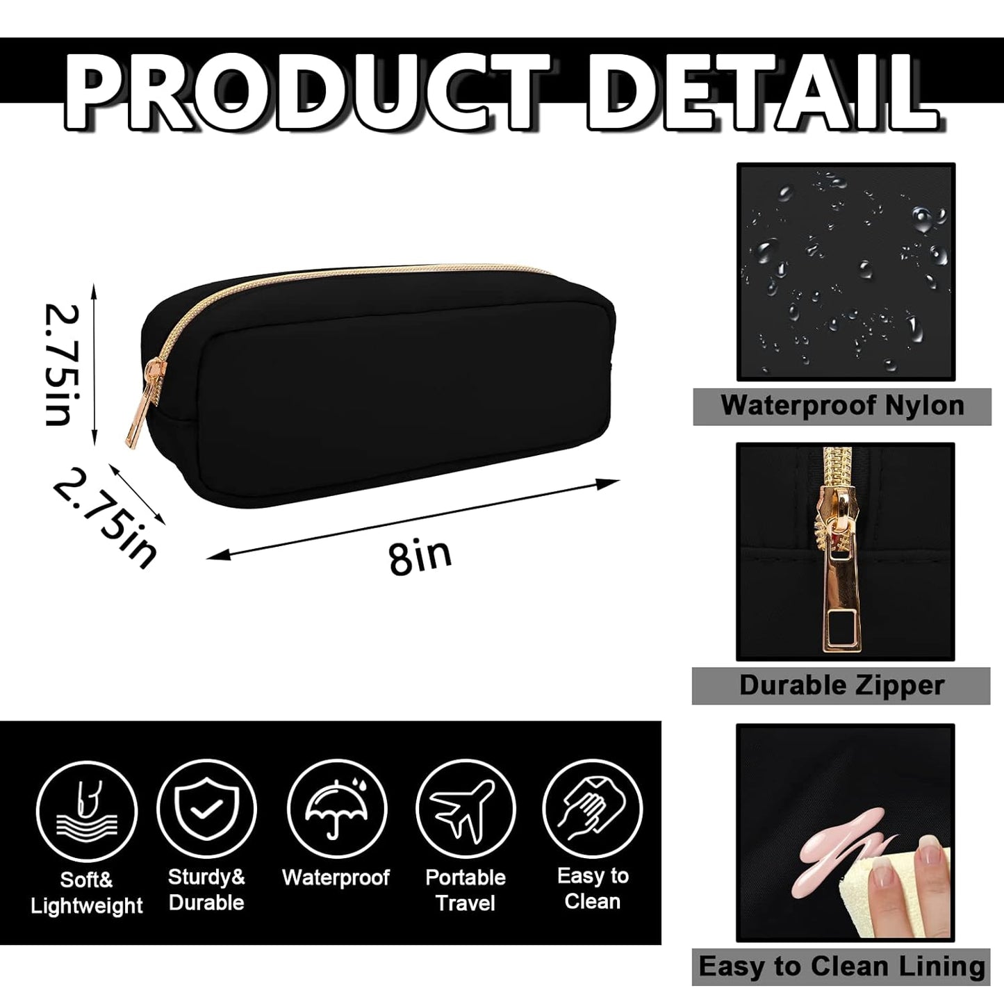 Waterproof Small Pencil Case Makeup Bag for Purse,Cute Pencil Pouch Preppy Nylon Makeup Brush Holder with Zipper,Girls Portable Storage Case Small Pen Bag for Office(Slim-Black)