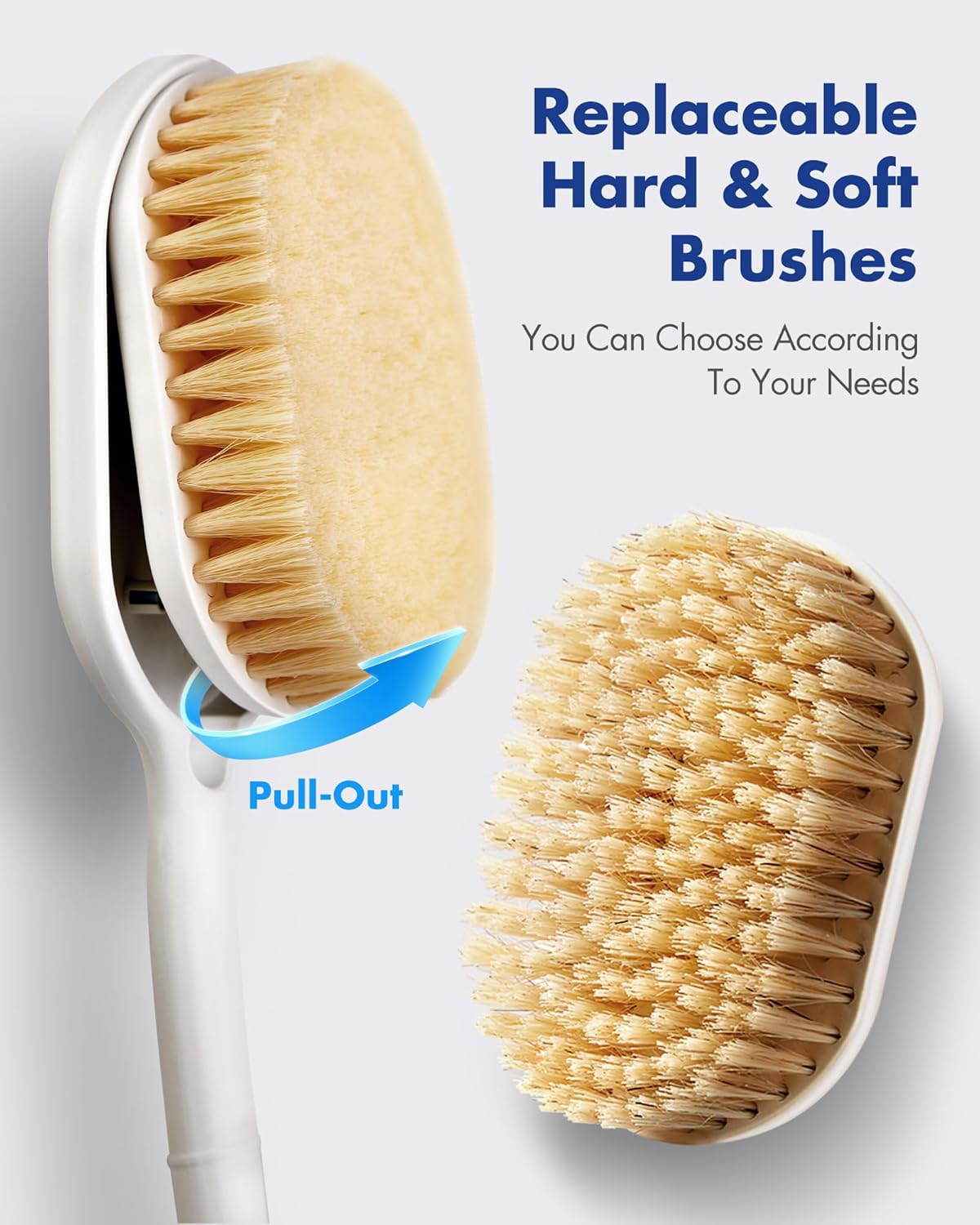 Rafow Ergonomic Back Scrubber for Shower - Anti Slip Long Handle Bath Brush with Stiff and Soft Bristles - Showering Exfoliator Wet or Dry Brushing for Women, Men, Elderly (Curved Handle Blue)