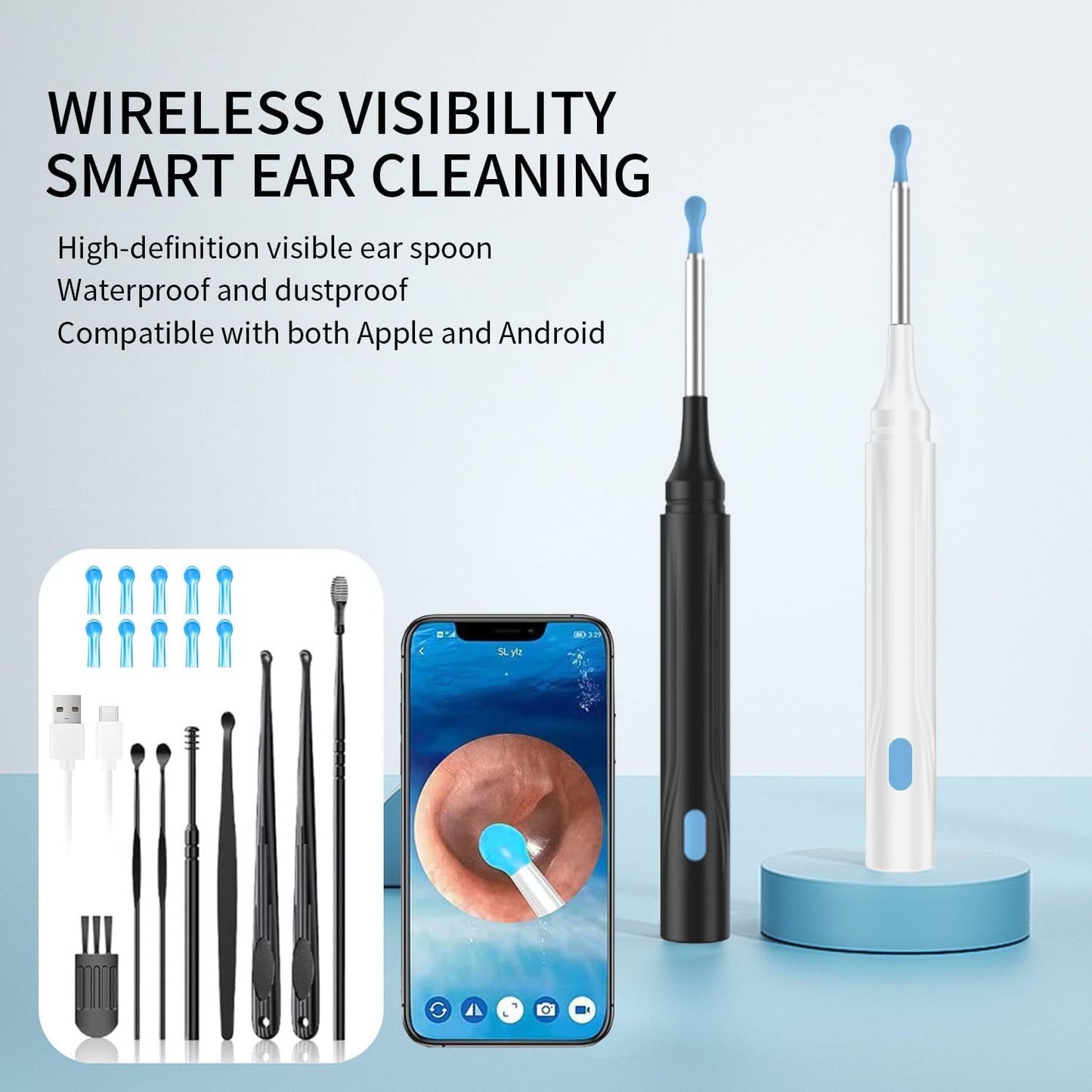 Wax Removal Tool for Ears, Earwax Remover Tools with 1080P Camera & 6LED Light & 8 Pcs Ear Set, Earwax Cleaning Kit with 10 Ear Spoon, Camera for iOS & Android (Black)