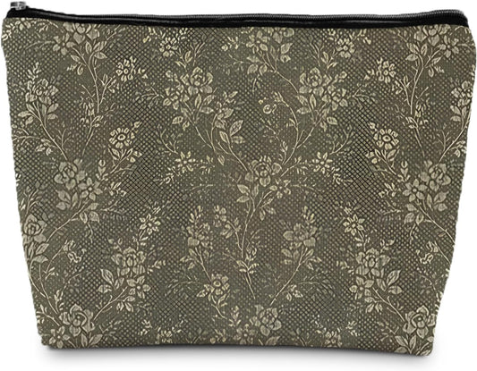 Floral Cosmetic Bag, Vintage Green Floral Toiletry Bag for Women, Botanical Wild Flowers Makeup Pouch