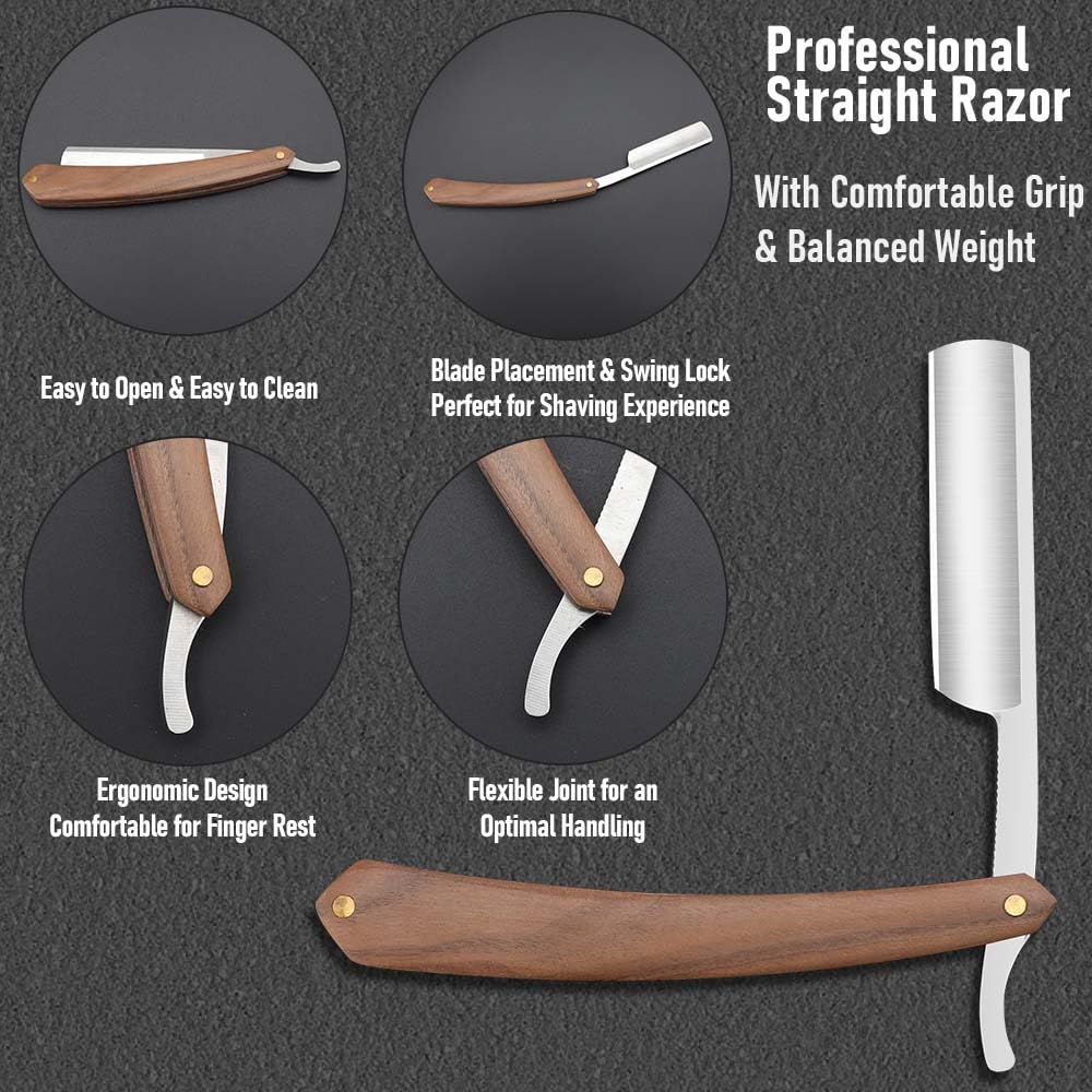 Straight razors for men Professional Straight Edge Barber Razor Premium Stainless Steel Shaver Razor with Shaving Strop for Men Home & Salon Grooming Using (NO.181)