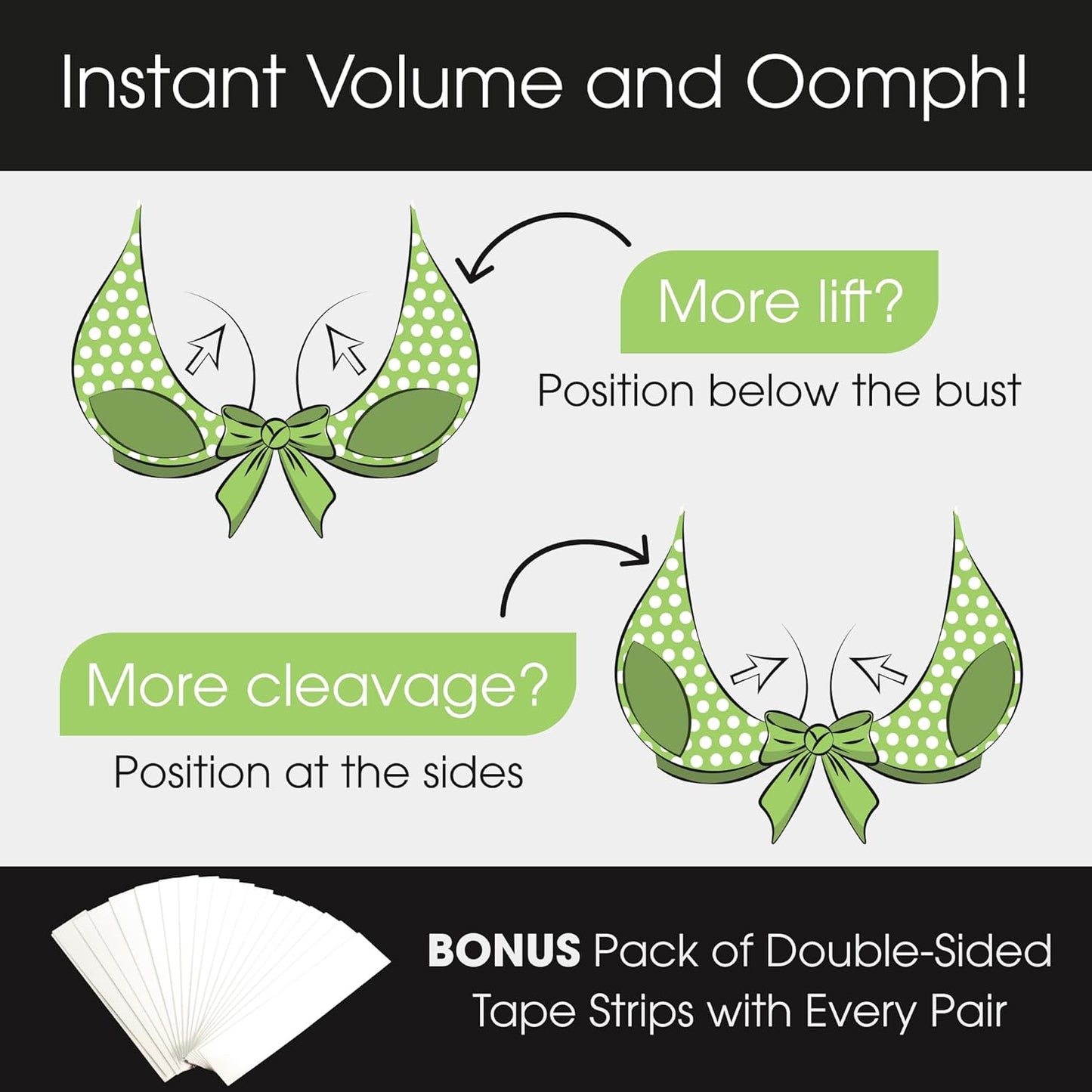 Double Scoop® Push Up Inserts w/Bonus Tape Sticky Strips, Instant Breast Implants, Replacement Bra Pads