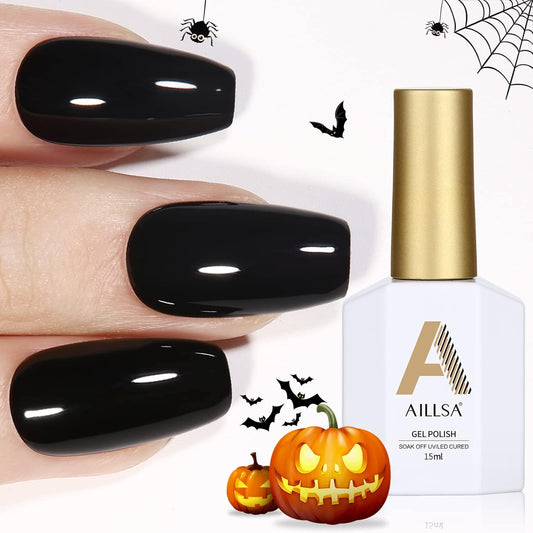 AILLSA Black Gel Nail Polish Coal Color Gel Polish Long Lasting Pure Dark Opaque Nail Polish High Glossy Soak Off U V Gels Nails Ink Black Gels Polish for Nail Art & Home Salon 0.51 Fl Oz