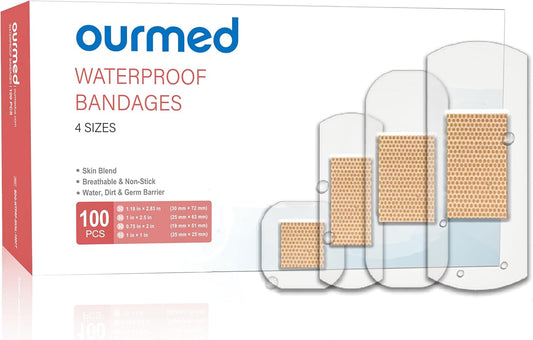 Waterproof Bandages, Clear Adhesive Bandages for First-Aid, Wound Care, Fingers, Knees and Heels, Stays on Skin in The Bath, Shower or Pool, Assorted Sizes, 100 Count