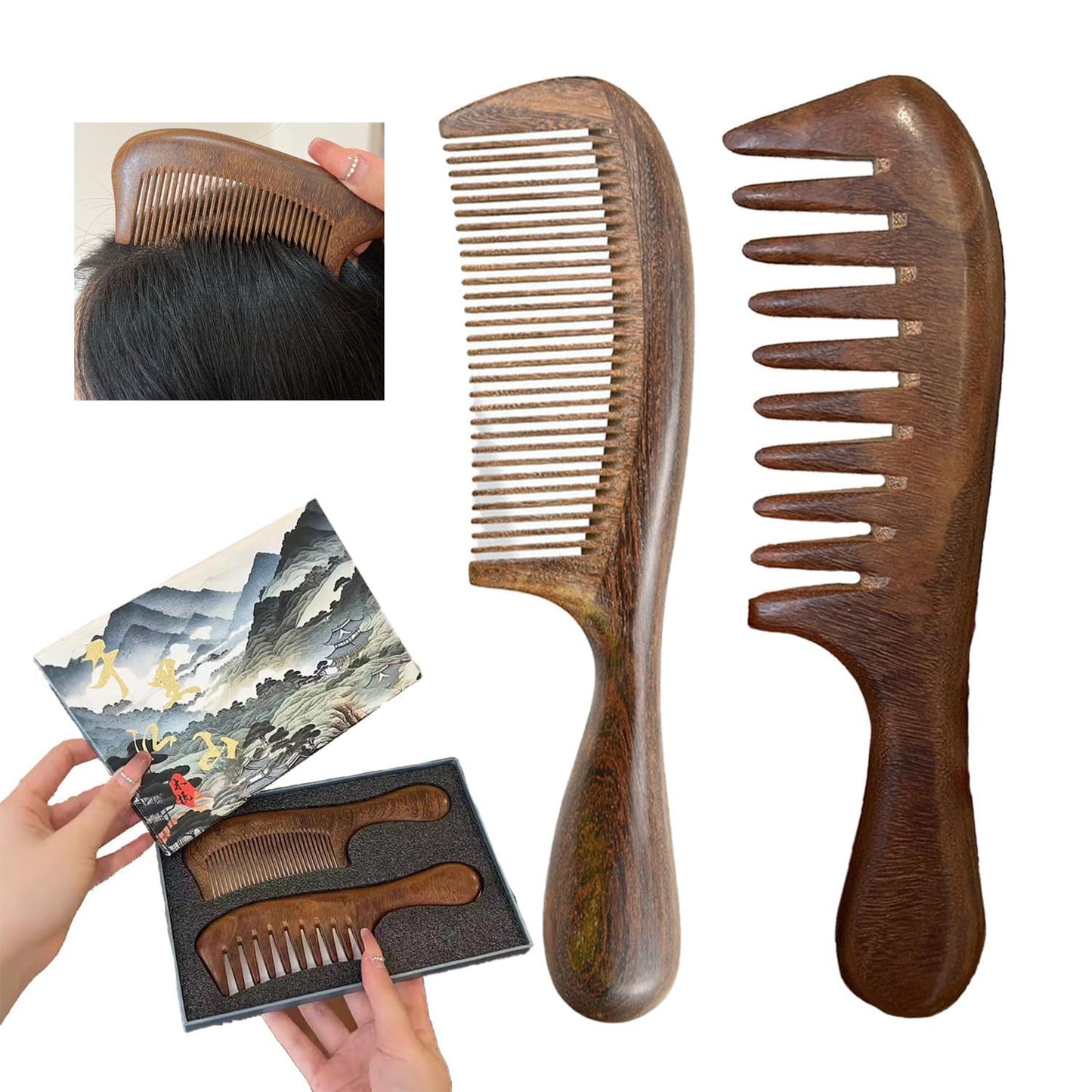 Walnut Wood Hair Comb, Wooden Comb with Handle, Walnut Wood Hair Comb, Natural Seamless Wood Comb,Walnut/Sandalwood Wide Tooth Curly Hair Comb, Anti-static Comb, for Women Men. (Long tooth comb 2PCS)