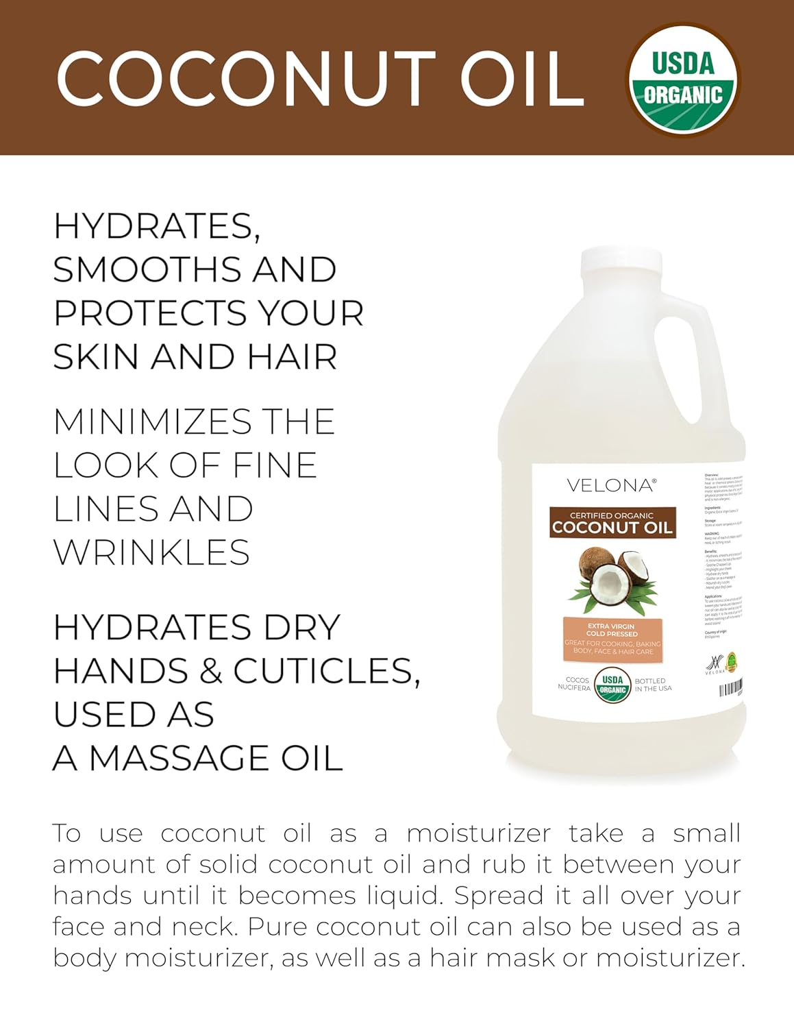 Velona USDA Certified Organic Coconut Oil Extra Virgin - 1 Gallon / 128 Fl Oz | Food and Cosmetic Grade | in jar | Extra Virgin, Cold-Pressed