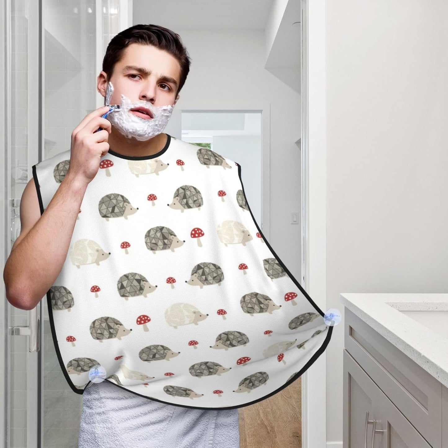 Adjustable Non-Stick Beard Apron, Hair Catcher Cape for Shaving Grooming, Waterproof with Suction Cups Men, Red Mushrooms Autumn Hedgehogs Shave Bib