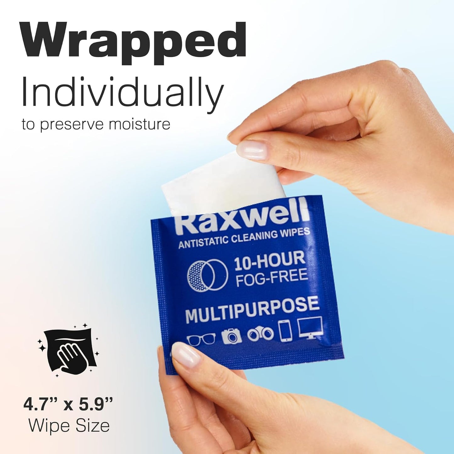 Raxwell Glasses Cleaner Wipes - 200 Count, White, Unscented - Streak-Free Anti-Fog Lens Cleaner & Screen Wipes for All Eyewear & Devices - Portable Individually Wrapped Sachets