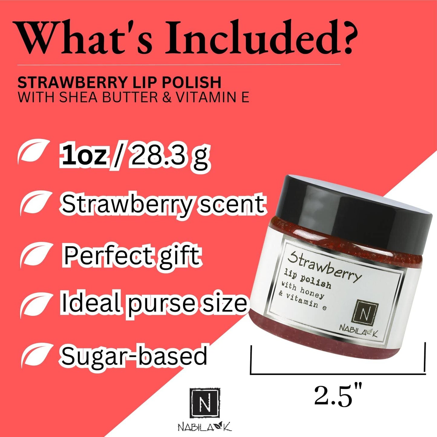Nabila K Lip Polish with Honey and Vitamin E, Lip Scrub for Dry and Chapped Lips, Strawberry Lip Repair Sugar Scrub, 1 oz