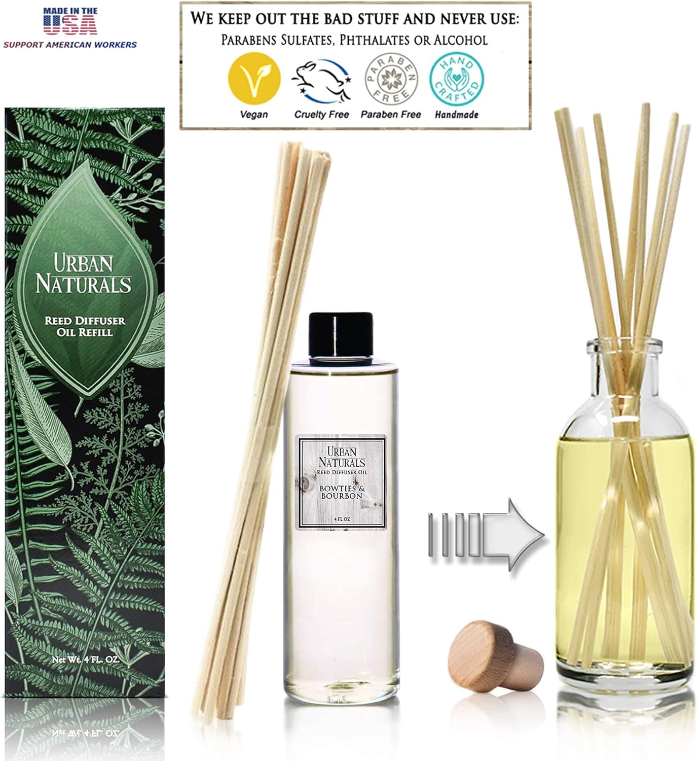 Urban Naturals Bowties & Bourbon Scented Oil Reed Diffuser Refill with Free Set of Reed Sticks. A Unisex Scent Blended with Dark Oak, Bergamot and Bourbon for a Fresh, Clean Smelling Home, 4 oz